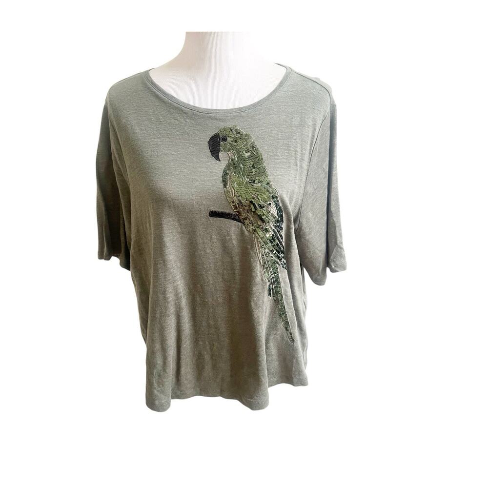 Chico's 100% Linen Sequined Parrot Design T-Shirt Short Sleeve Tropical Sz 3/XL